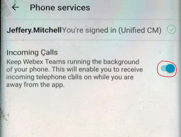 Screen shot showing Incoming Calls slider in ON position