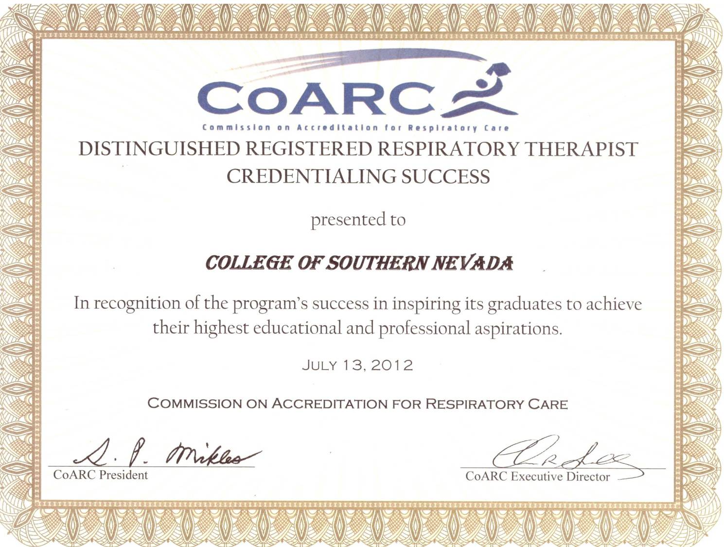 Distinguished Registered Respiratory Therapist Credentialing Success Certificate