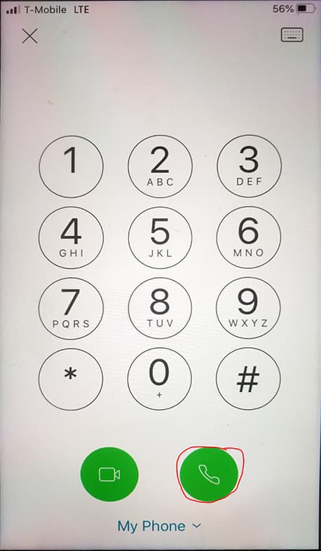 Screen shot of phone dial pad with call button circled