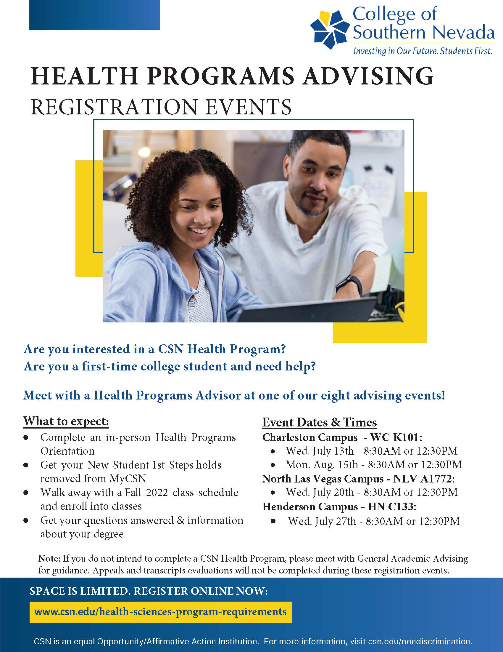 Event flyer highlighting dates for Health Programs Advising Registration Events 