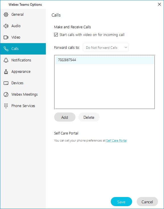 Screen shot of Webex team user options menu with the Calls tab selected