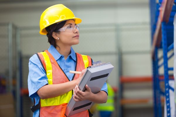 female engineer inspecting a shelf and taking notes