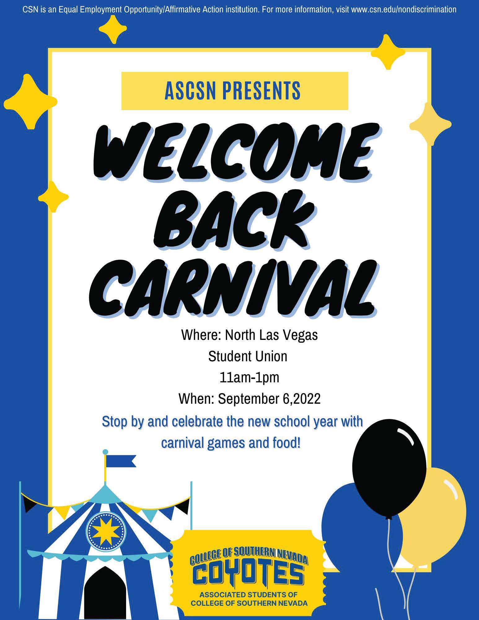 CSN North Las Vegas campus welcome back carnival event flyer