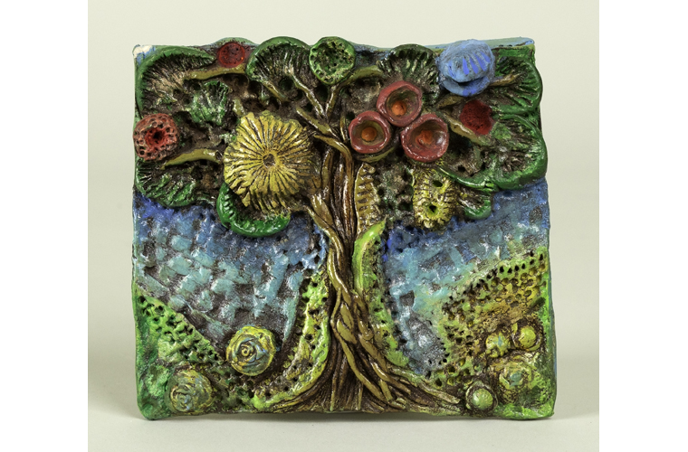 Kaitlynne Lopez, “Arbor Vitae”, Acrylic Paint on Air Dry Clay Tile, 5.5” x 4.75” x .5”, 2020