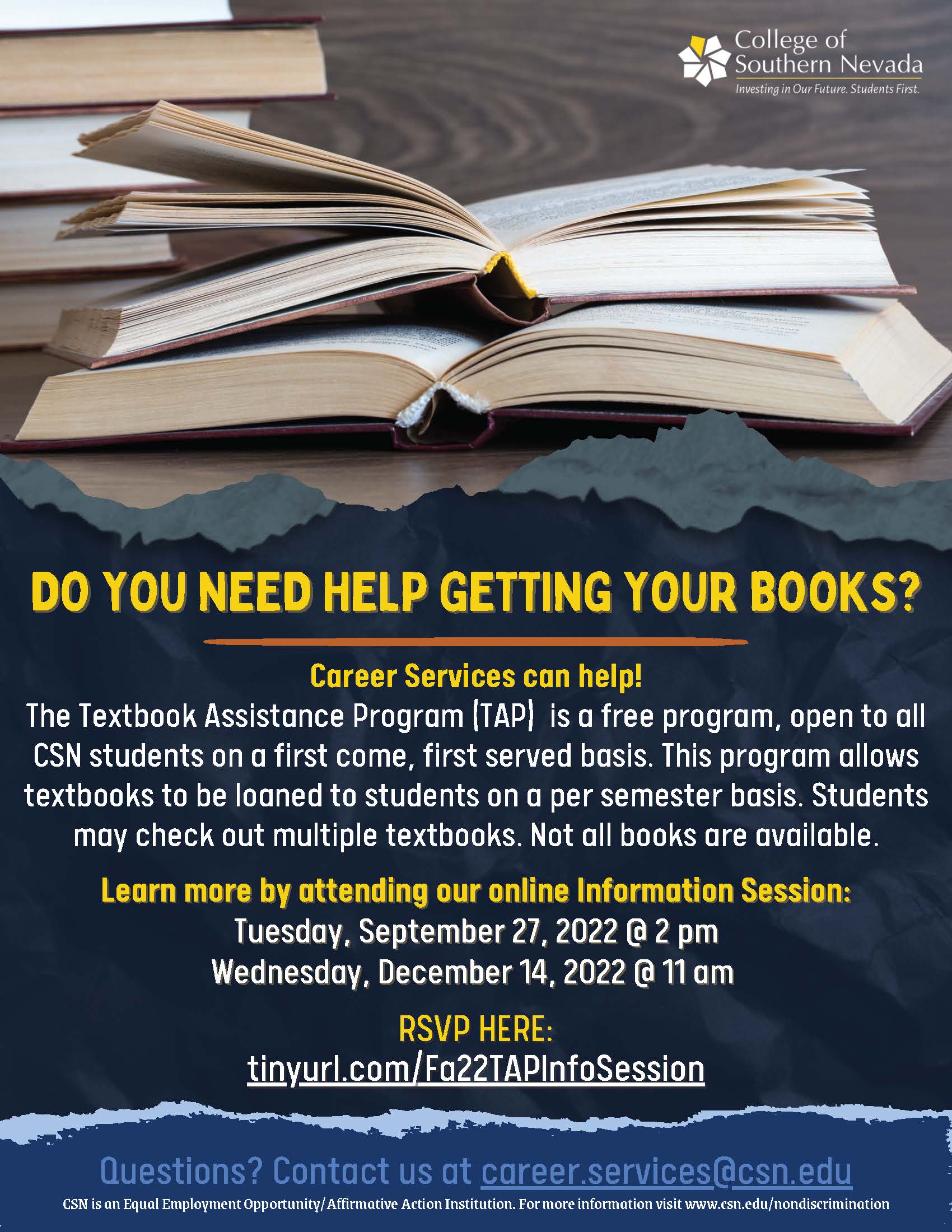 Text book assistance program info sessions flyer
