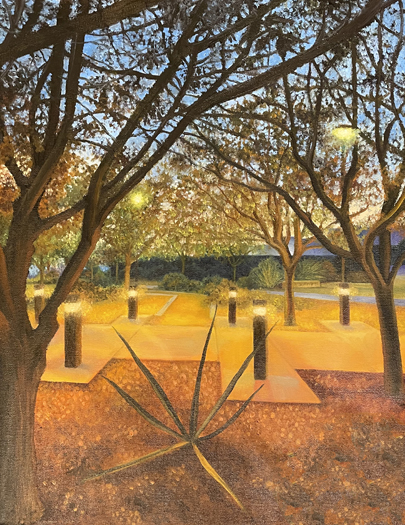 2022 Juried Student Exhibition First Place Painting: Amber Indurante, West Campus Golden Hour, Oil Paint on Canvas
