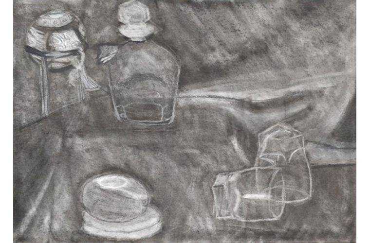 Zachary Markowitz, “At the Table”, Charcoal on Paper, 24” X 18”, 2020