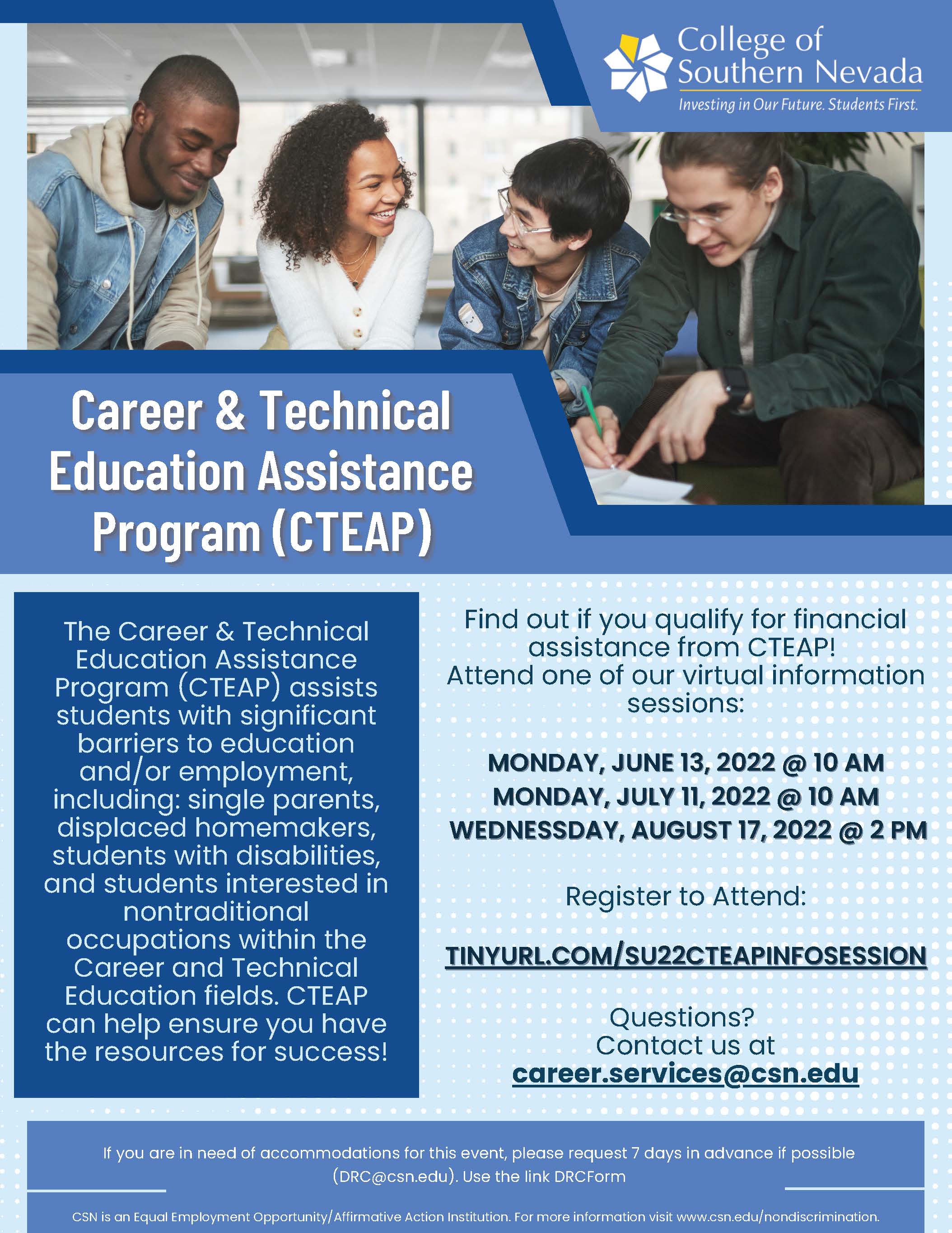 Events flyer highlighting CTEAP summer information sessions 