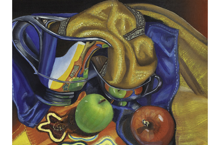 Jessica Samaniego, “Apple's Reflection & Drapery”, Oil on Canvas, 9” x 12”, 2020