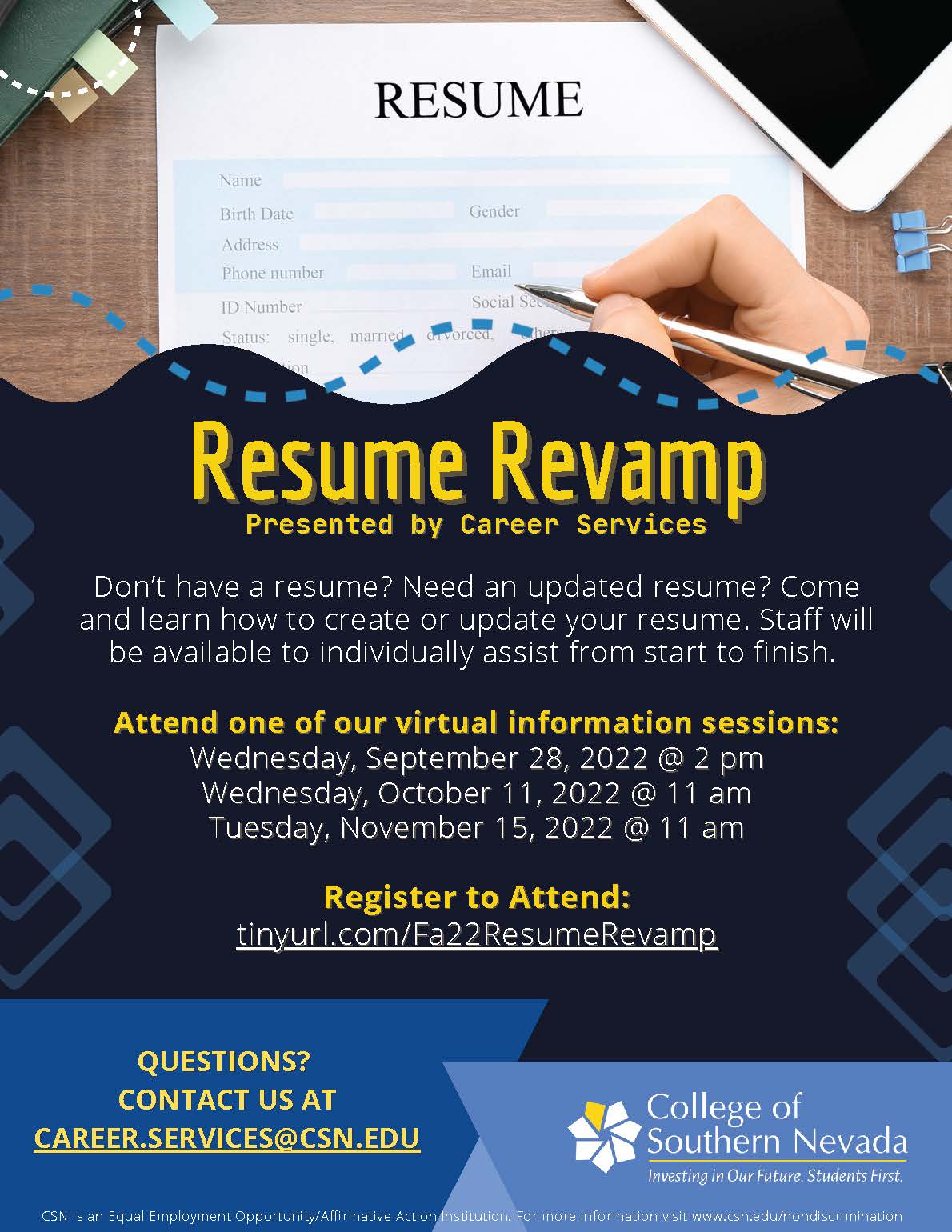 Come and learn how to create or update your resume.