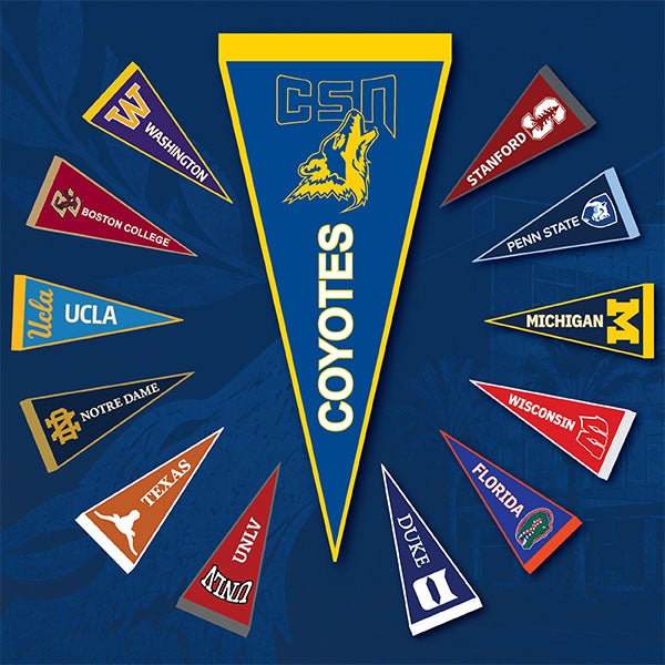 A large blue and gold CSN Coyotes pennant is surrounded by pennants from colleges and universities across the country, representing transfer destinations for CSN students, including UCLA, Stanford, Michigan, Duke, Florida, Texas, UNLV, Notre Dame, Boston College, Penn State, Washington, and Wisconsin.
