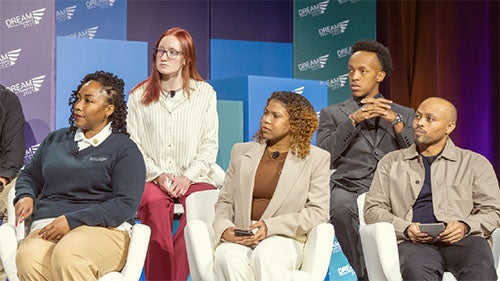 Achieving the Dream Network Connection newsletter cover depicting a panel discussion at an Achieving the Dream conference.