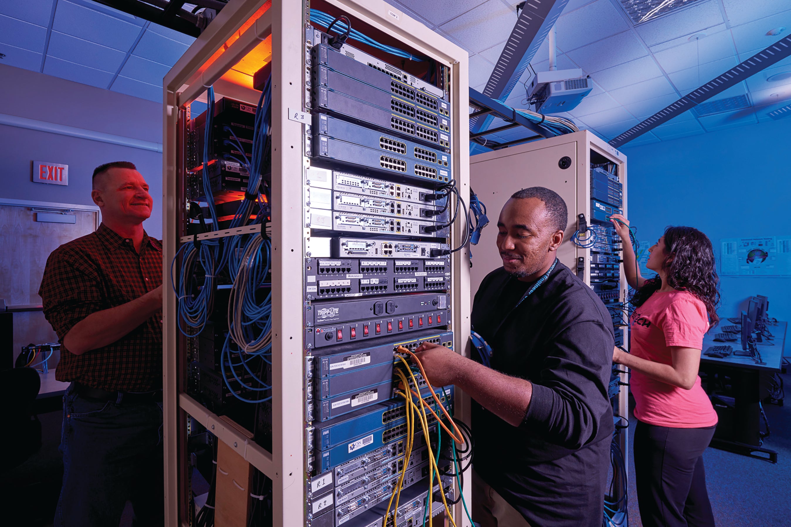 Server rack with person