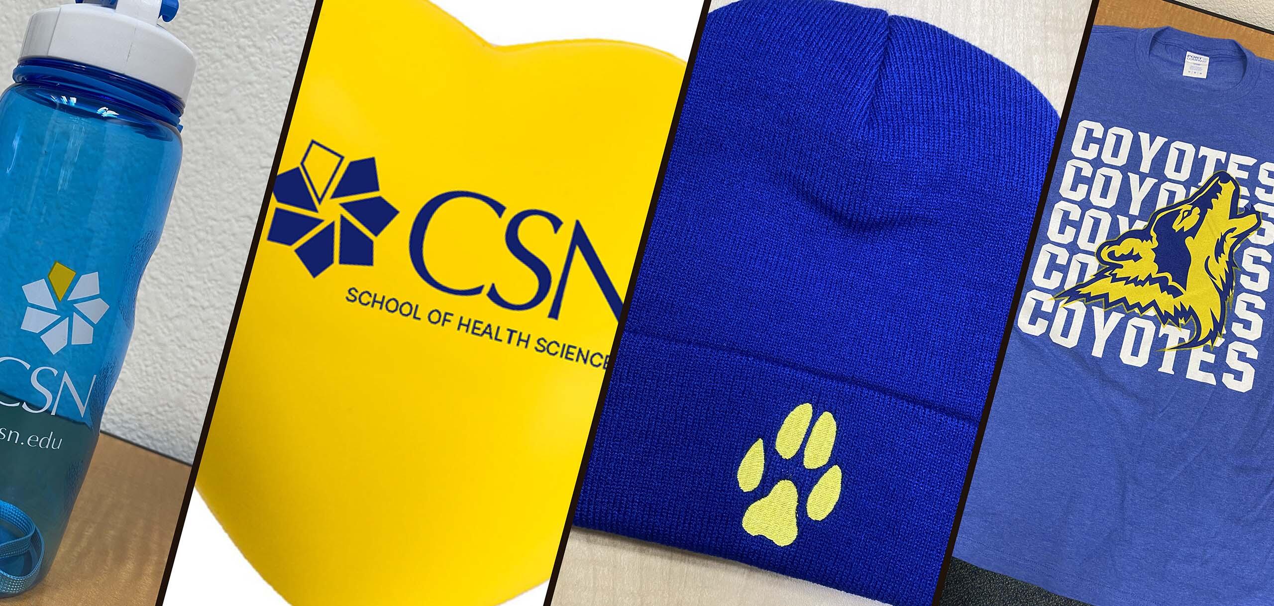 Collage of CSN-branded promotional items, including a reusable water bottle, a yellow silicone pouch, a blue knit beanie with a paw print, and a blue Coyotes T-shirt, representing examples of approved college merchandise.