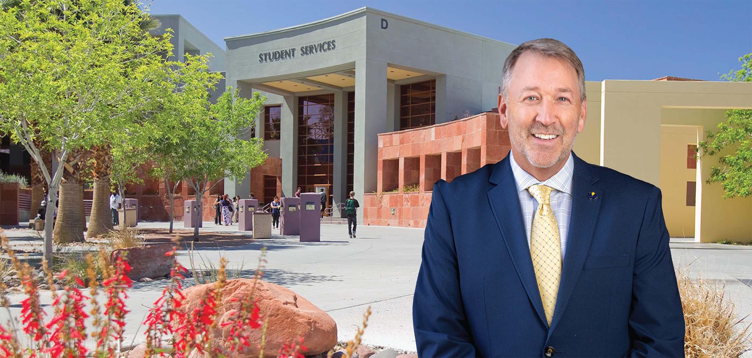 CSN President Dr. Stacy Klippenstein standing in front of the Student Services building on campus.